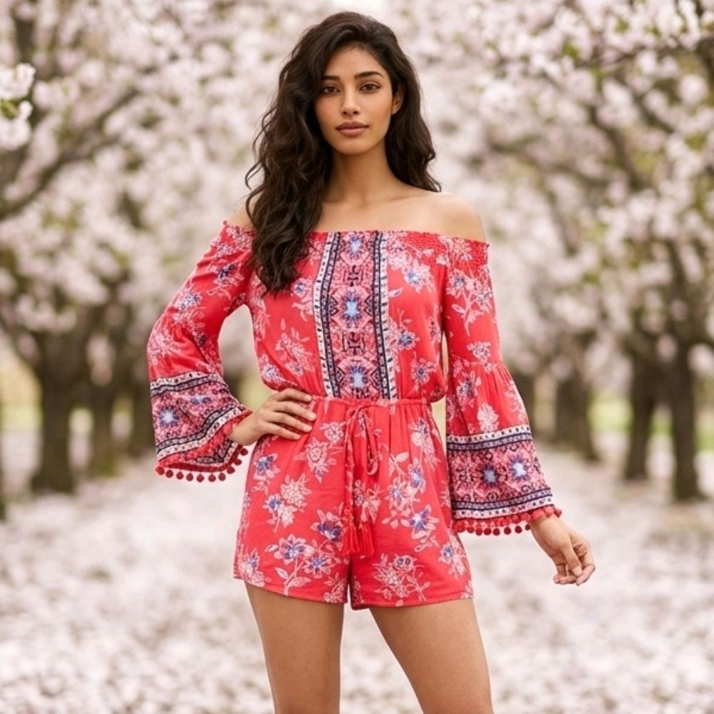 American Rag Romper Coral Pink Crepe Off-the-Shoulder Floral Pom Pom Bell Sleeve
